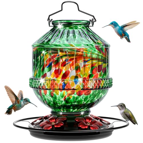 Hand Blown Glass Hummingbird Feeders for Outdoors, 25 Ounces Wild Bird Nectar Feeder with Perch & 5 Flower Feeding Ports Leak Proof Hanging for Garden Backyard Decor, Gifts for Women Mom, Green