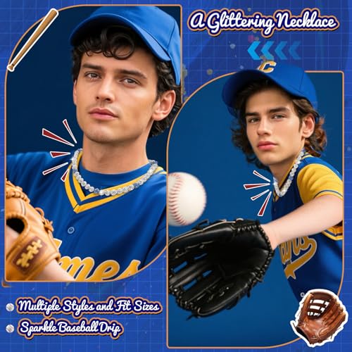 Baseball Beaded Necklace for Men,Baseball Necklace Gifts,Diamond Rhinestone Discoball bead necklace,Chain Necklace Gifts for Baseball Player Team Lovers