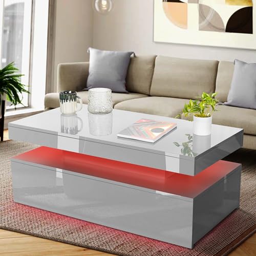 Blisswood High Gloss Coffee Table for Living Room, Rectangle Centre Table with 2 Drawer Storage, Modern Wooden Tea Table with LED RGB Lights for Home, Office & Living Room Furniture - Grey - Image 4