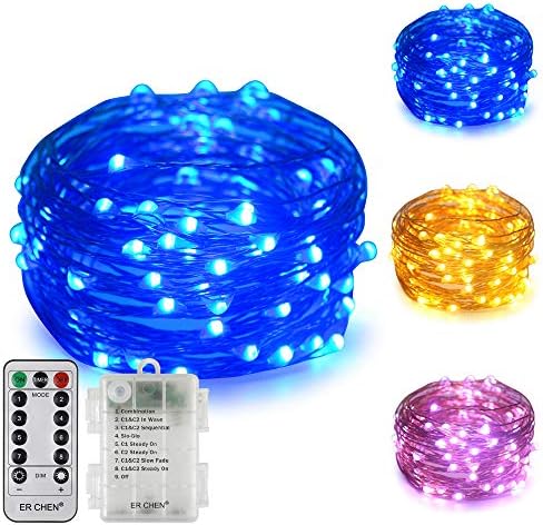 ErChen Battery Powered Dual-Color Led String Lights, 33FT 100 LEDs Color Changing Dimmable 8 Modes Copper Wire Fairy Lights with Remote Timer for Indoor Outdoor Christmas (Warm White, Blue)