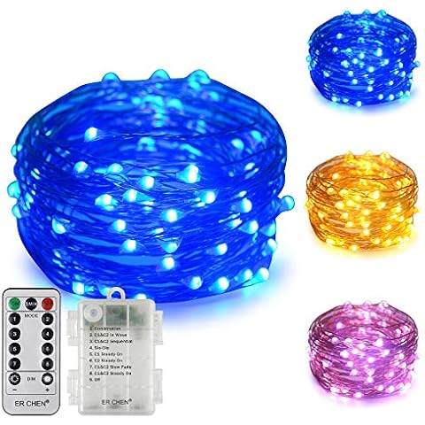 ErChen Battery Powered Dual-Color Led String Lights, 33FT 100 LEDs Color Changing Dimmable 8 Modes Copper Wire Fairy Lights with Remote Timer for Indoor Outdoor Christmas (Warm White, Blue) Cover