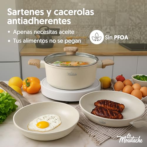 La Moustache - Juego de Ollas y Sartenes + Accesorios【14 Piezas】Aluminio con Antiadherente sin PFOA y PFOS, Espátula, Cucharón, Pinzas, Protectores, Batería para Inducción y Todas las Cocinas (Latte) - imagen 2