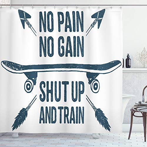 ABAKUHAUS Fitness Duschvorhang, Skateboard Boho, Stoffliches Gewebe Badezimmerdekorationsset mit Haken, 175 x 200 cm, Dunkelblau Weiß