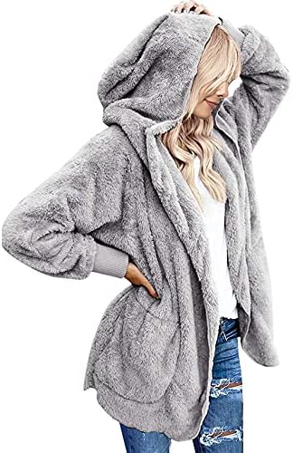 Fasumava Womens Fuzzy Fleece Jacket Solid Open Front Hooded Cardigan Coats Outwear with Pockets Grey S