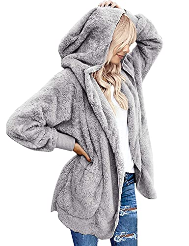Fasumava Womens Fuzzy Fleece Jacket Solid Open Front Hooded Cardigan Coats Outwear With Pockets Grey S #TOP7