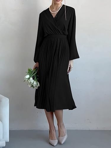 Miniatura 3 de PRETTYGARDEN Vestido Midi de Primavera para Mujer con Manga Larga Abombada, Cuello en V Envolvente, Fluido, con Volantes Plisados, Vestidos Casuales