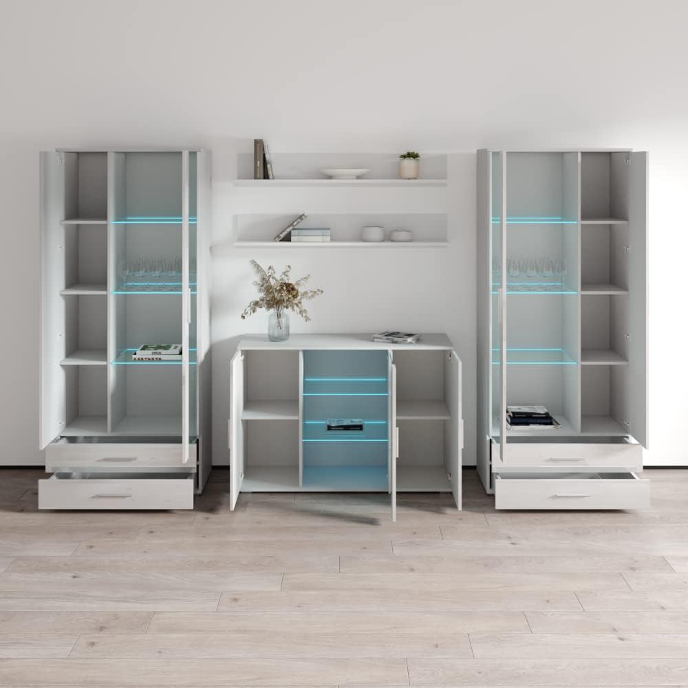 Meble Furniture Soho 10 Wall Unit Entertainment Center — Storage Bookcase & Sideboard — Modern High Gloss Matte, 94.5" W x 16.5" D x 59.1" H — White