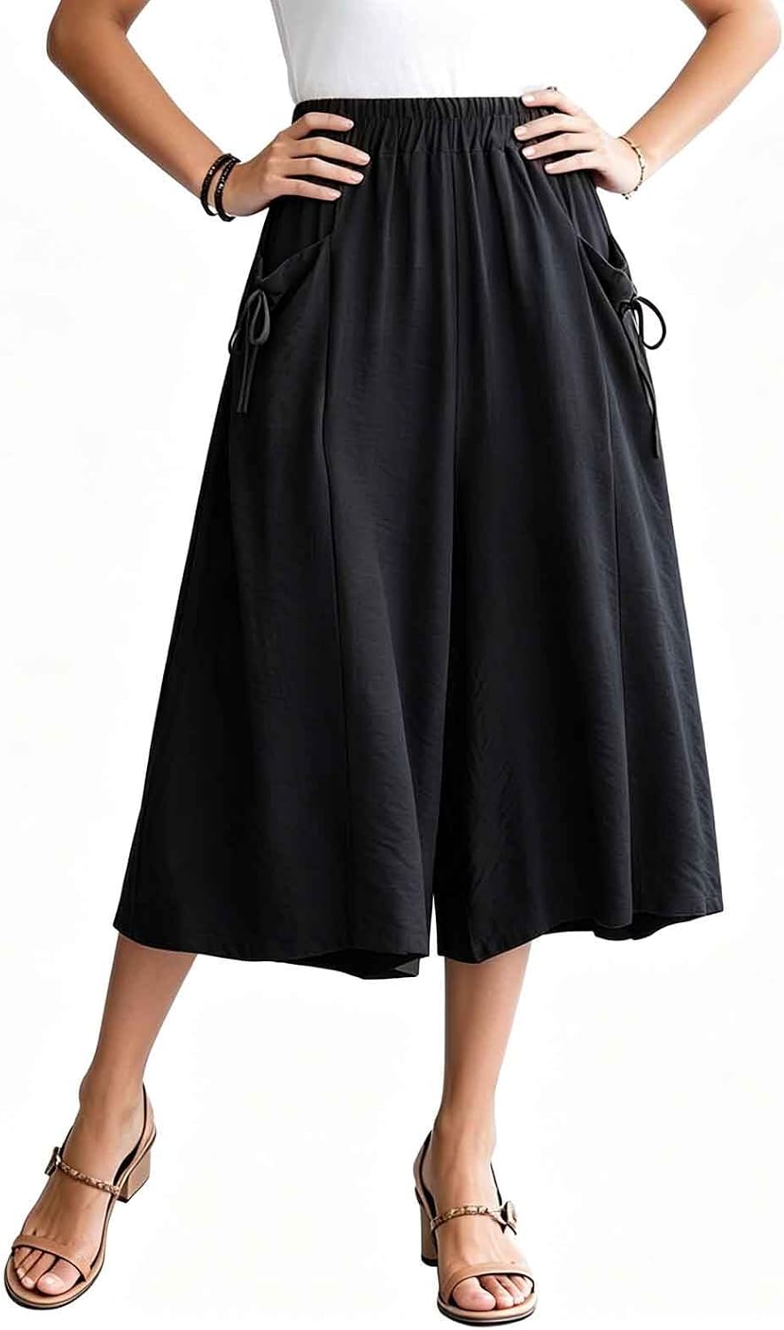 Wide Leg Capri Pants for Women High Waist Casual Palazzo Slacks Plus Size Summer Beach Vacation Clothes with Pockets