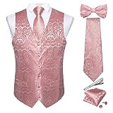 DiBanGu Men's Suit Vests and Bow Tie Sets Silk Pink Waistcoat and Tie Pocket Square Clip Cufflinks f