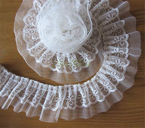 LANGBEEYAR 2 Yard White 2-Layer Pleated Organza Embroidered Lace Trim Ribbon Fabric DIY for Costume Gathered Wedding Dress Sewing Craft