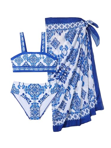 WDIRARA Girl's Floral Print Bikini Set Boho Swimsuit Three Piece Bathing Suit with Cover Up Skirts