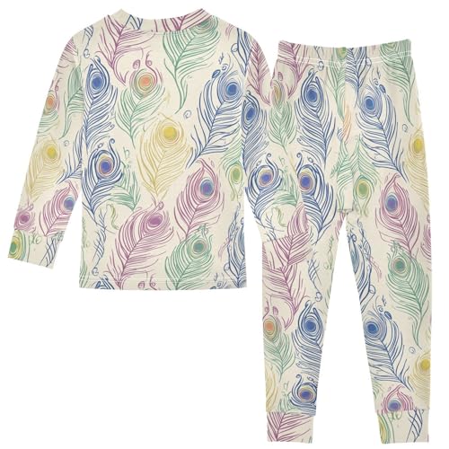 Fustylead Colorful Hand Draw Peacock Feathers Pajamas Cotton Sleepover PJ Set Long Sleeve Lounge Wear2