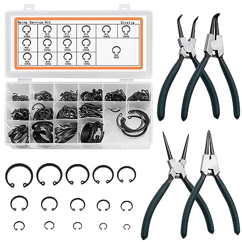 Image of Snap Ring Shop Assortment, 300pcs Internal Retaining with 4pcs 7 Inch Snap Pliers Set, M8-M36, 15 Different Sizes Alloy Steel Circlip Snap and Internal /External Set