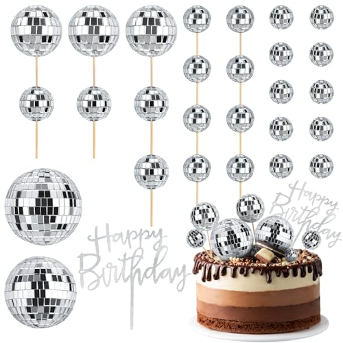 Socluer Decorazioni Torte Discoteca, 28pcs Disco Mirror Ball, 1pc 'Happy Birthday' Cake Topper Compleanno, Argento Mirrorball Decorazione Torta per Feste Discoteca Danza Anni '70 '80 '90