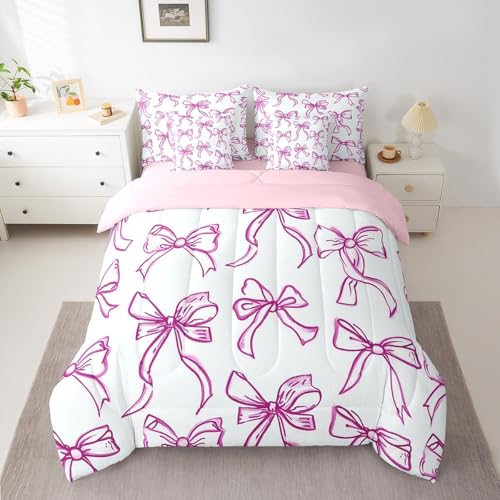 Feelyou 7 Piece Purple Bowknot Bed in a Bag King for Boys Kids Princess Romantic Bow Sheet Set,Cute Bow Tie Bed Set for Girls Women Girly Bedding Set with Comforter Dreamy Cushion Covers