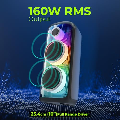 Image of Zebronics 160W Party DJ Speaker, Upto 3.5h Playback, Dual Mic, Karaoke, 2X Full-Range 25.4cm Driver, TWS, 4EQ Modes, 6.3mm Dual Mic & a Guitar in, BT, USB, AUX, RGB, LED Display (Party Fyre 510)