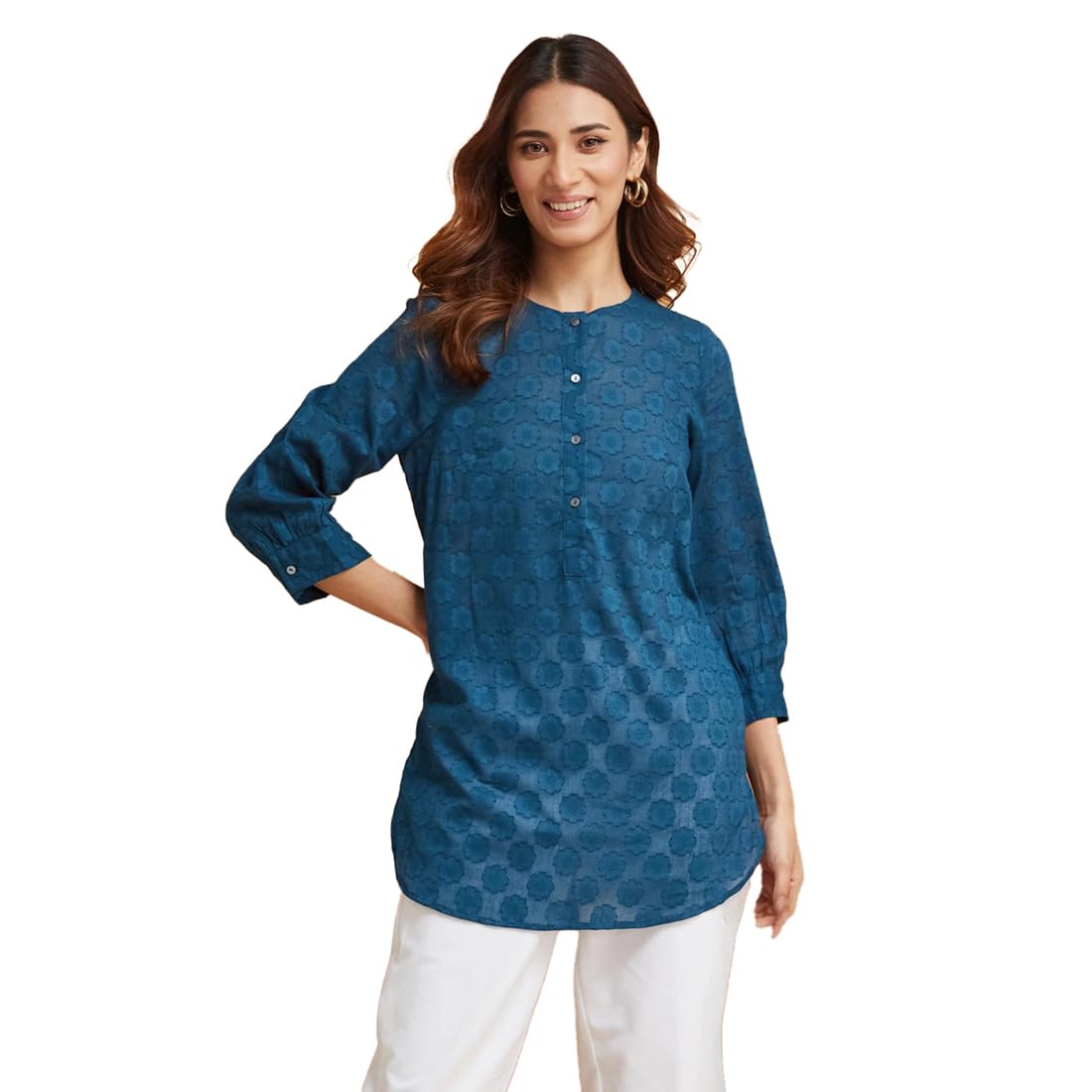 Fabindia Women's Dobby Regular Fit Tunic (1038749Blue_Blue