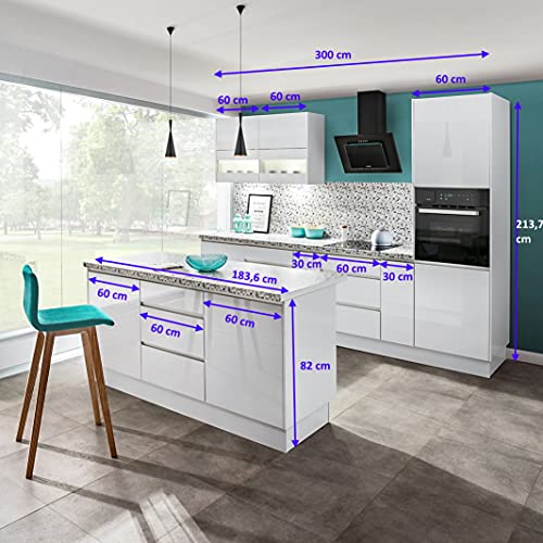 Möbel für Dich Grifflose Hochglanz Inselküche, Einbauküche mit Insel Campari 300+180 cm, Weiß, Schwarz, Grau (Schwarz Hochglanz) - Image 3