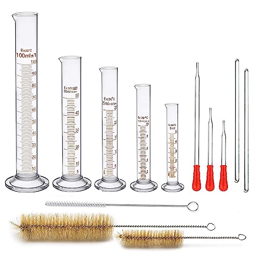 Éprouvette Graduée, JESSTOLO 13 Accessoires pour Laboratoire avec 5 Cylindre Graduées en Verre 5ml/10ml/25ml/50ml/100ml, 3 Brosses de Nettoyage, 3 Pipettes...