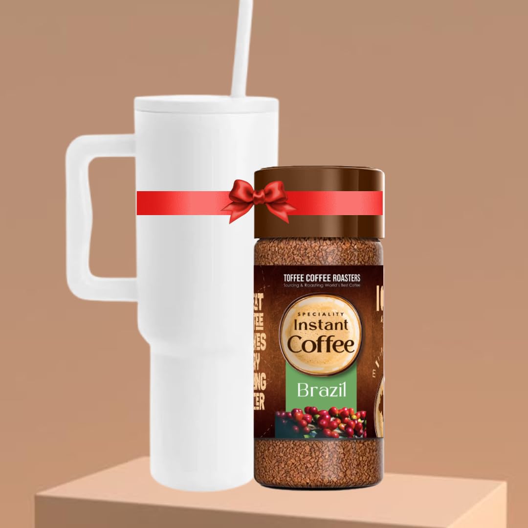 1200ML Stainless Steel Tumbler with Lid and Straw, Double Insulated Cup Leak Proof Mug Cupholder for Gym, Travel |Tumbler+Free 50 gm Brazil Instant Coffee Gift Set (Pearl White)
