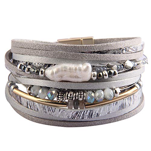 Jeilwiy Baroque Pearl Leather Cuff Bracelet Multi Strand Wrap Bracelets Magnetic Bohemian Bracelet for Women, Wife, Sister