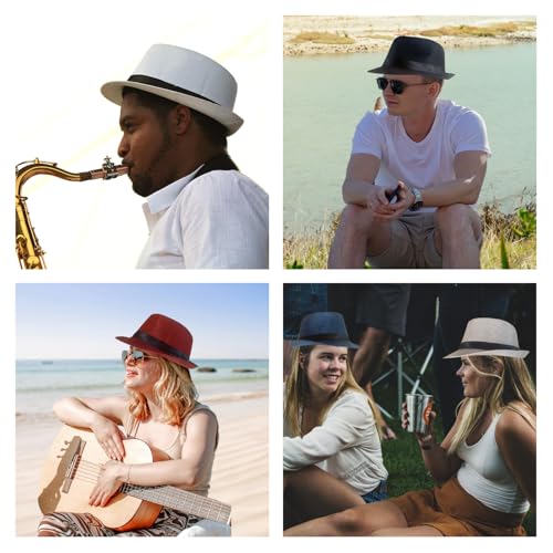 Image of 5 Pack Bulk Cuban Fedora Sun Hats Men with Adjustable Strap, Short Brim 1920s Unisex Party Costume Hats Women.
