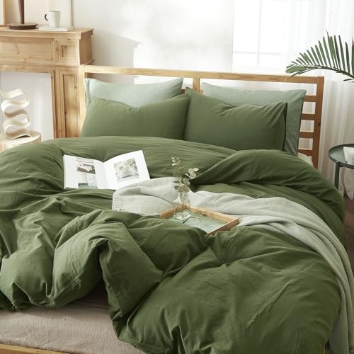 AMWAN Solid Color Army Green Duvet Cover King Size Bedding Sets Natural Washed Cotton Comforter Cover Dark Green Bedding Duvet Cover for Men Women Simple Style Green Bedding Collection - Image 3