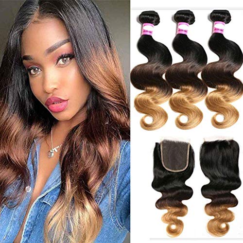 Hairitory 3 Tone Ombre Body Wave Bundles With Closure Brazilian 8A Virgin T1B/4/27 Human Hair Bundles With Closure 100g/PC So Soft(18 20 22+16 T1B/4/27)