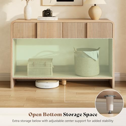 Image of AMERLIFE 45 inch Fluted Console Table with 2 Drawers and Open Shelf, Modern Entryway Table with Rounded Edges, Wood Sofa Table for Hallway, Foyer, Behind Couch, Living Room, Natural Oak