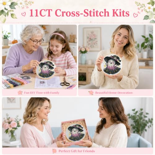 Image of VIGEGU Ghost Stamped Cross Stitch Kits for Adults Beginners with Frame | Partial 11CT Halloween Cross-Stitch Kit,DIY Arts and Crafts for Adults,Embroidery Kit for Adults Beginners 8x8inch