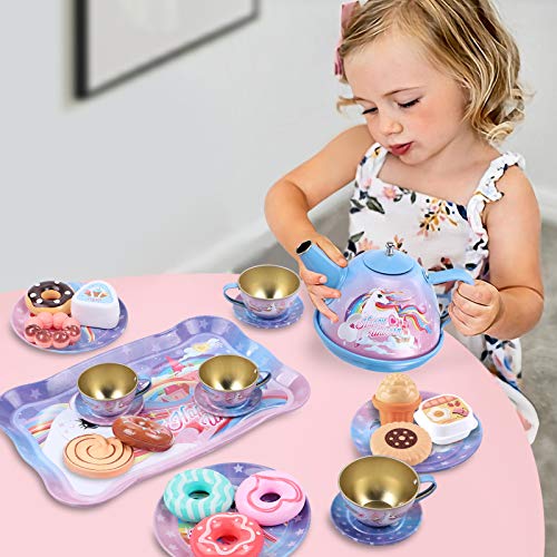 27Pcs Kids Tea Party Set For Little Girls Unicorn Gift Pretend Toy Tin Tea Set & Carrying Case & Food Sweet Treats Playset, Princess Tea Time Kitchen Pretend Play Tea Set Toys #TOP1