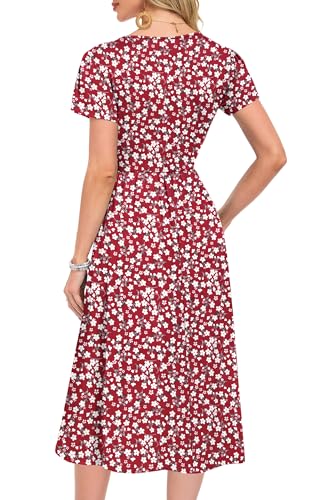 MOLERANI Kleider Damen Sommer - Rundhals Kurzarm Freizeit Kleider Hohe Taille Strandkleid mit Taschen Rotes Blumenmuster M 4