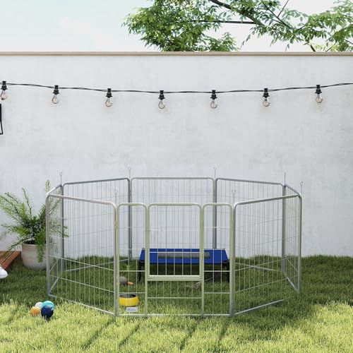 PawHut Welpenlaufstall 8-TLG Welpenauslauf mit 8 Gitterplatten Tür Erdspießen flexibel Schutzplane Freilaufgehege 80 cm hoch Hundelaufstall Laufstall Für Hund Katze Welpe Laufgitter für draußen