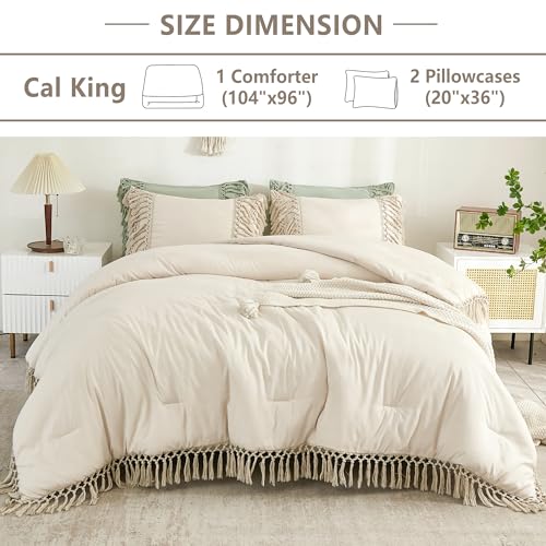 Image of Andency Beige Comforter Set California King, 3 Pieces Boho Tassel Lightweight Soft Bedding Comforter Sets for King Bed, All Season Fluffy Fringe Bed Set (104x96In Comforter & 2 Pillowcases)