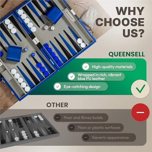 Image of Large Blue Backgammon Sets for Adults - Classic Board Games for 2 Players Adults and Kids - Premium Backgammon Set 15 Inch Board and 32 Backgammon Pieces in Quality PU Leather Case