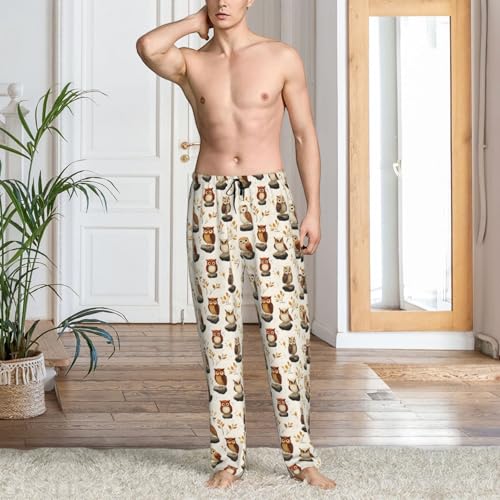Mens Pajama Pants - Stone Owl Print Soft Sleep Lounge Pants For Men, Casual Pj Bottoms With Pockets2