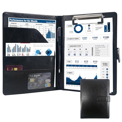 GraduatePro A5 Clipboard Folder with Storage Leather Waterproof Magnetic Conference Presenter Document Business Organizer Sleeves Black