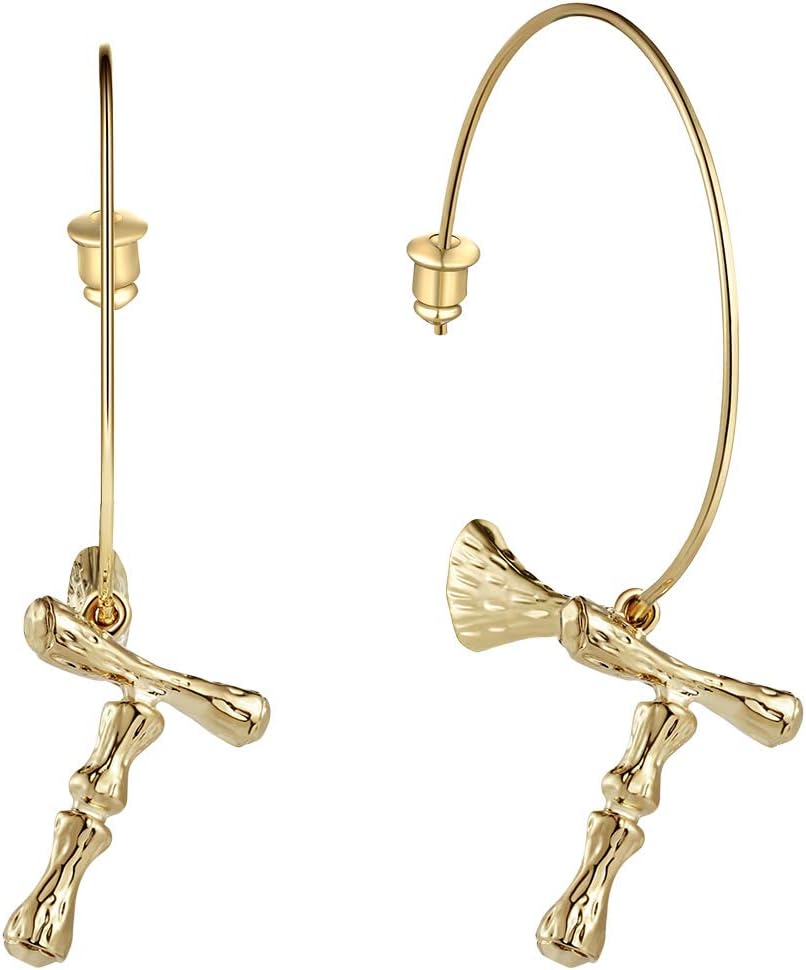 T400 Golden 26 Letter Initial Alphabet Charm Bamboo Semi Hoop Earrings Birthday Gift for Women Girls