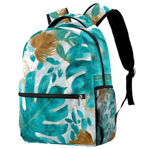 Sac à dos aquarelle turquoise avec imprimé feuilles tropicales pour ordinateur