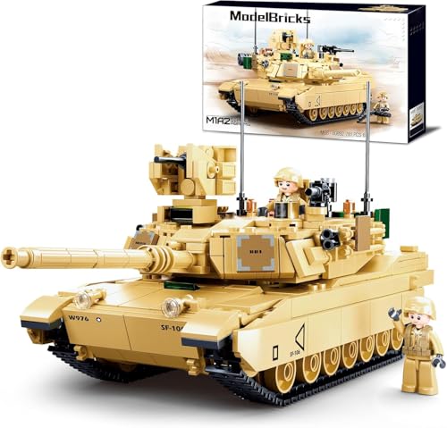 WW2 Army Tank M1A2 Main Battle Tank Military Model Toy Kits, Inspired M1A2 Abrams Brick Building Set, Including 2 Soldier Minifigures, Gifts for 6-12 Year Old Kids, Compatible with Lego, 781 PCS1