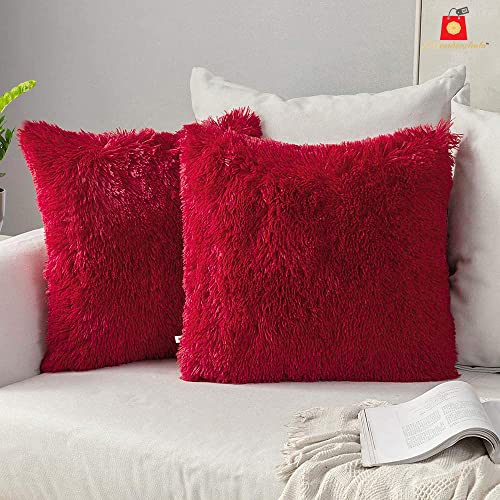 Image of Warm Decorative Plush case Fluffy Cushion Covers Faux Fur Throw Pillow Cover Pillowcases for Decoration Sofa Bedroom Livingroom, 30 x 30 cm, 12 x 12 inch, Set of 2, Red
