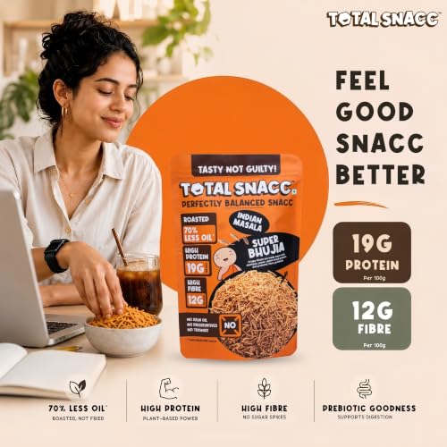 Image of TOTAL SNACC Roasted Bhujia Indian Masala (250g x 3) | High Protein 19g, High Fibre 12g | 70% Less Oil | No Palm Oil | Baked Bhujiya | Healthy Namkeen | High Protein Snacks | Diabetic Friendly | Millet Bhujia | Low Calorie