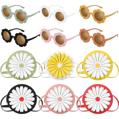 Paterr 12 Pcs Round Flower Sunglasses for Girls Accessories Daisy Flower Shaped Glasses Purse Set Fashion Crossbody Bag Fashion Sunglasses Outdoor Beach Gift