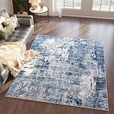 Rugcomf 4x6 Rug Washable Boho Soft Area Rug Abstract Pattern Non-Slip Faux Wool Vintage Rug for Living Room, Bedroom Rug, Farmhouse, Dining Room, Indoor, Kids Playroom, Blue