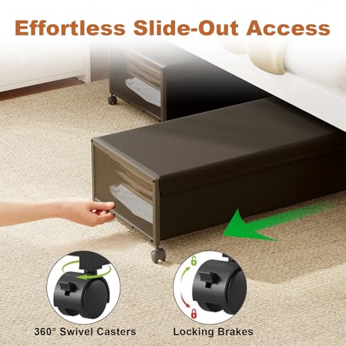 Image of 2 Pack Under the Bed Storage Containers,10 inch Height Under Bed Shoe Storage,31inch Long Underbed Storage with Wheels,Large Rolling under bed Clothes Storage Drawers with Lid for Dorm Tall ,Black
