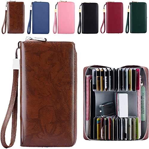 Unisex Anti-credit Card Fraud Multi-compartment Wallet, 24 Slots RFID Blocking Card Holder Large Long Leather Zipper Organizer Accordion Wallet, Huge Storage Capacity (Brown)