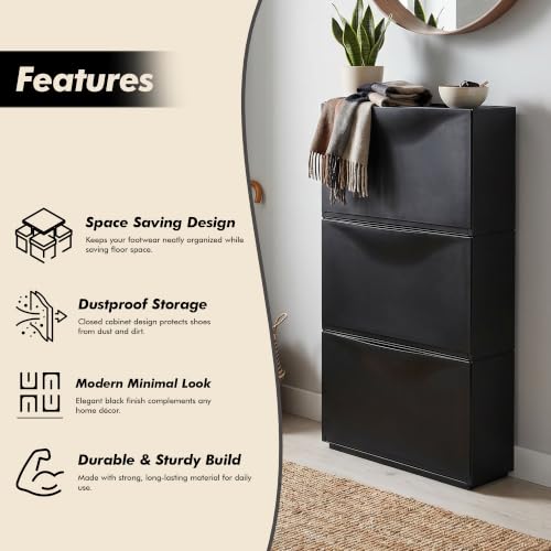 Image of TNT THE NEXT TREND Space Saving Shoe Rack Cabinet | Dustproof Flip Door Shoe Storage Organizer | Modern Minimal Shoe Stand for Entryway, Living Room, Bedroom & Hallway | Black Finish (Pack of 3)