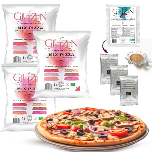 Preparado para Pizza Sin Gluten Bio GLUTZEN. Masa fina, sin amasado. Mix de harinas sin gluten con sobres de levadura de panadero incluidos. Apto para dietas sin gluten, sin alérgenos, veganas, FODMAP