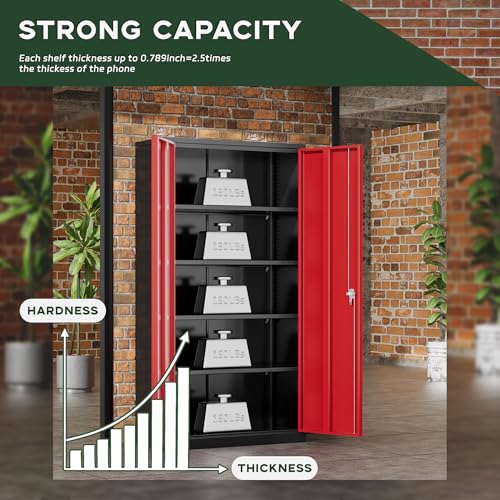Image of Greenvelly Metal Storage Cabinet, 72 inch Black Locking Metal Garage Storage Cabinet with Doors and 4 Adjustable Shelves, Lockable Steel Cabinet for Home Office, Garage, Shop, School (Red 36 inch W x 18 inch D)