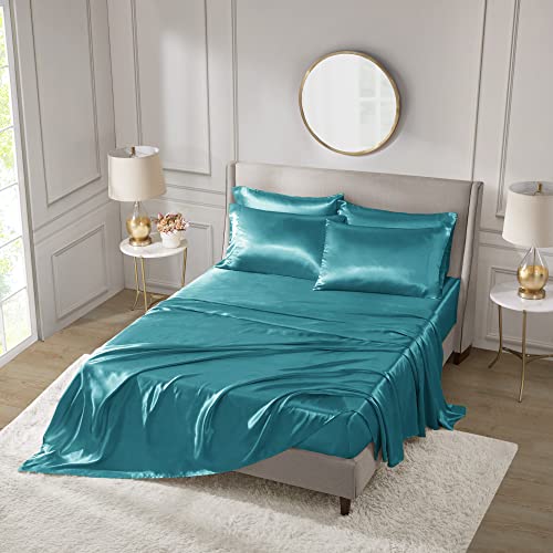 Image of Madison Park Essentials Satin Sheets Full Size Bed Set, 6 Piece, Teal | Luxury and Smooth Silky Bedding with Natural Sheen, All Around Elastic 14 inch Pocket fits up to 16 inch Mattress, Year-Round Cozy